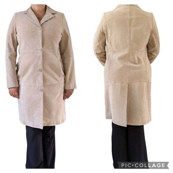 Vintage Bernardo Tan Suede Leather Block Long Trench Coat Jacket  Size L Lined - Picture 1 of 8